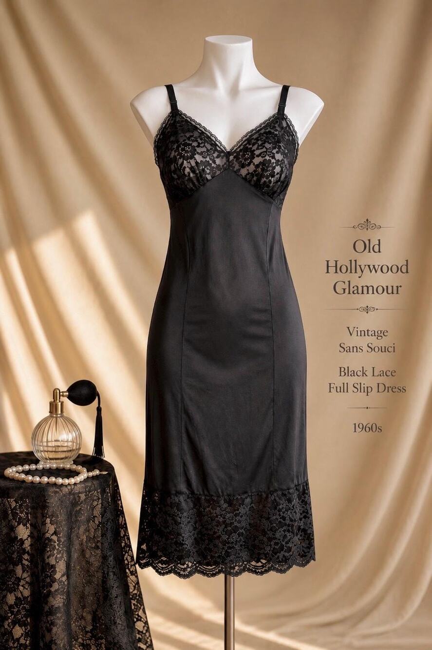 Old Hollywood Glam Vintage Sans Souci Black Lace Full Slip Dress 34A 1960s
